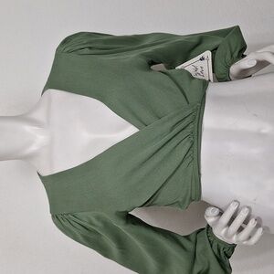 Wild Love (NEW) Retro Hippie 70's Puff Sleeves Green Tie Wrap Crop Top Size M